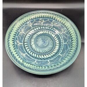 Vintage Studio Art Pottery Green Spiral Console Fruit Bowl Signed JB 12.5"